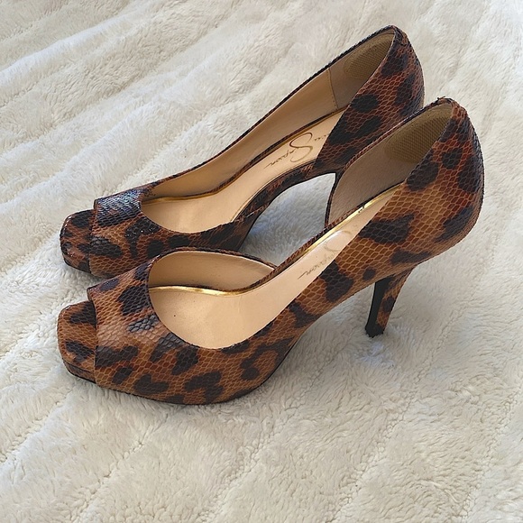 Jessica Simpson Leopard Square Open Peep Toe Heels Brown Size 9.5 - Picture 1 of 14